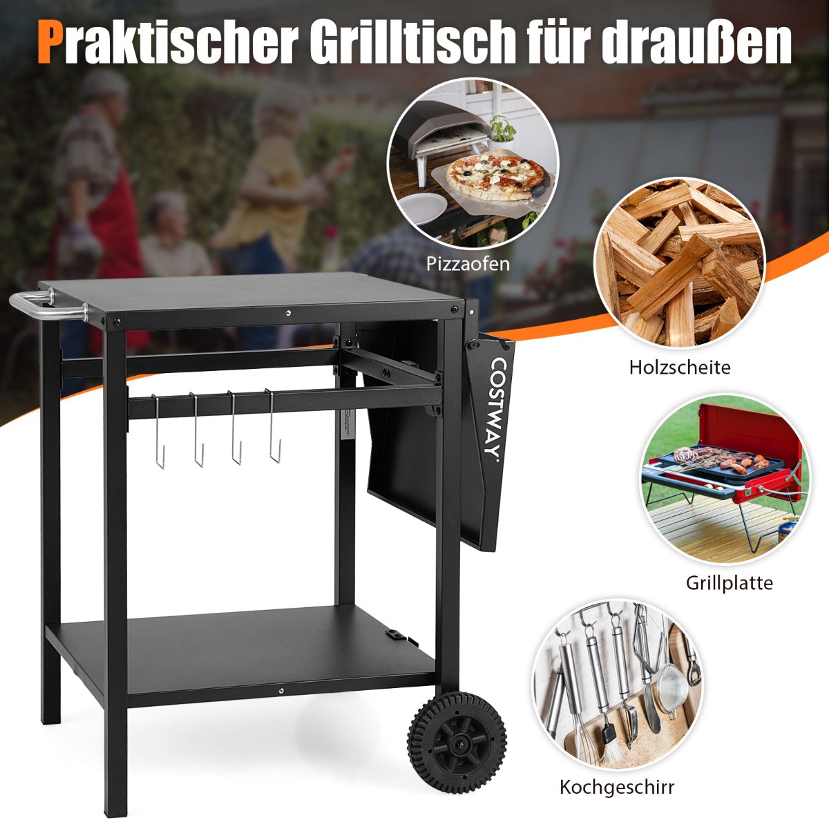Grillvagn – med hopfällbar bordsskiva och hyllor krokar Flyttbart campingbord – 2 4 – Svart