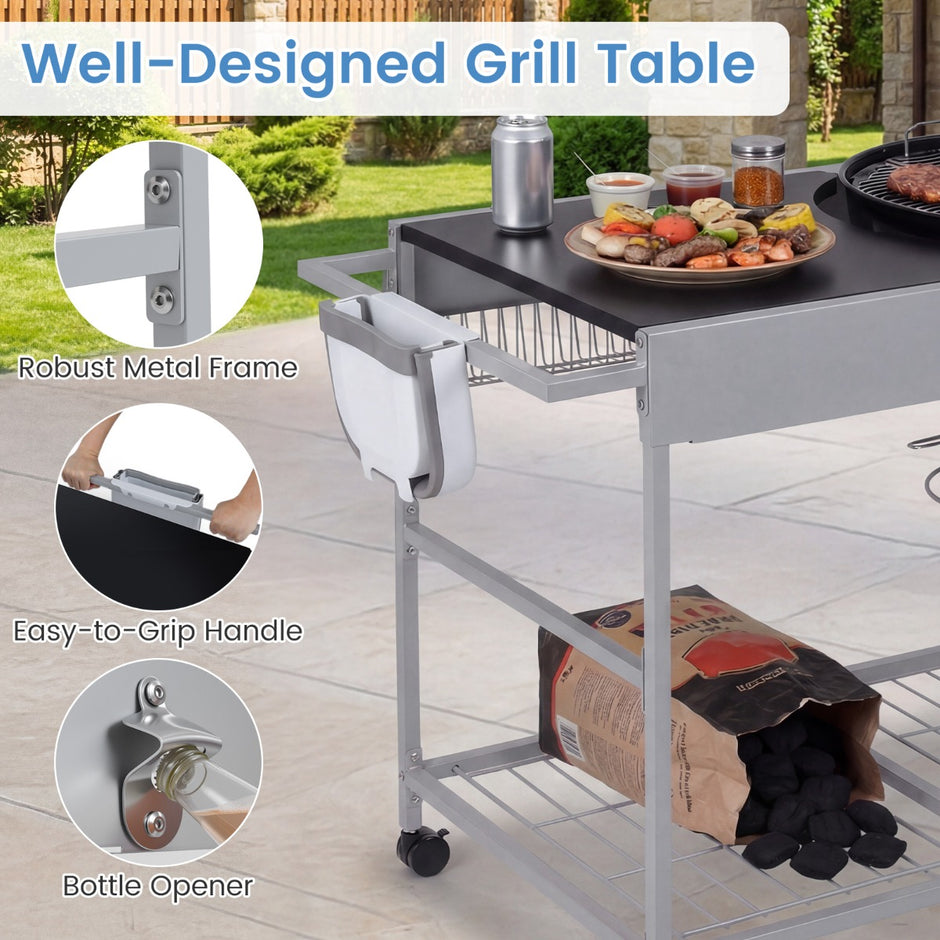 Grillvagn – med hjul, stor arbetsplatta, kryddhylla och papperskorg sidovagn grillbord – 4 – Svart