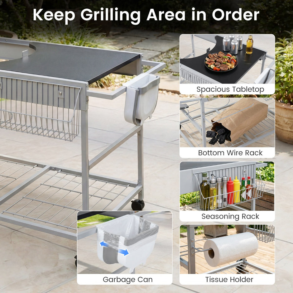 Grillvagn – med hjul, stor arbetsplatta, kryddhylla och papperskorg sidovagn grillbord – 4 – Svart