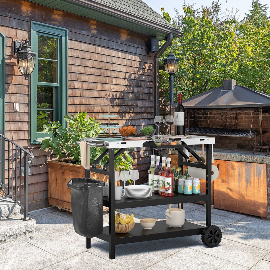 Grillbord – med hyllor och mobilställ kryddställ handdukshållare serveringsvagn – 3 – Svart och silver
