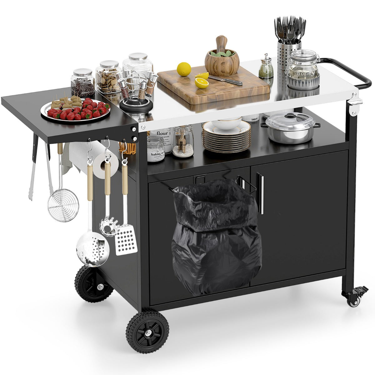 Utomhusgrillvagn – med rostfri plåt och fällbart sidobord skåp grillbord – Svart