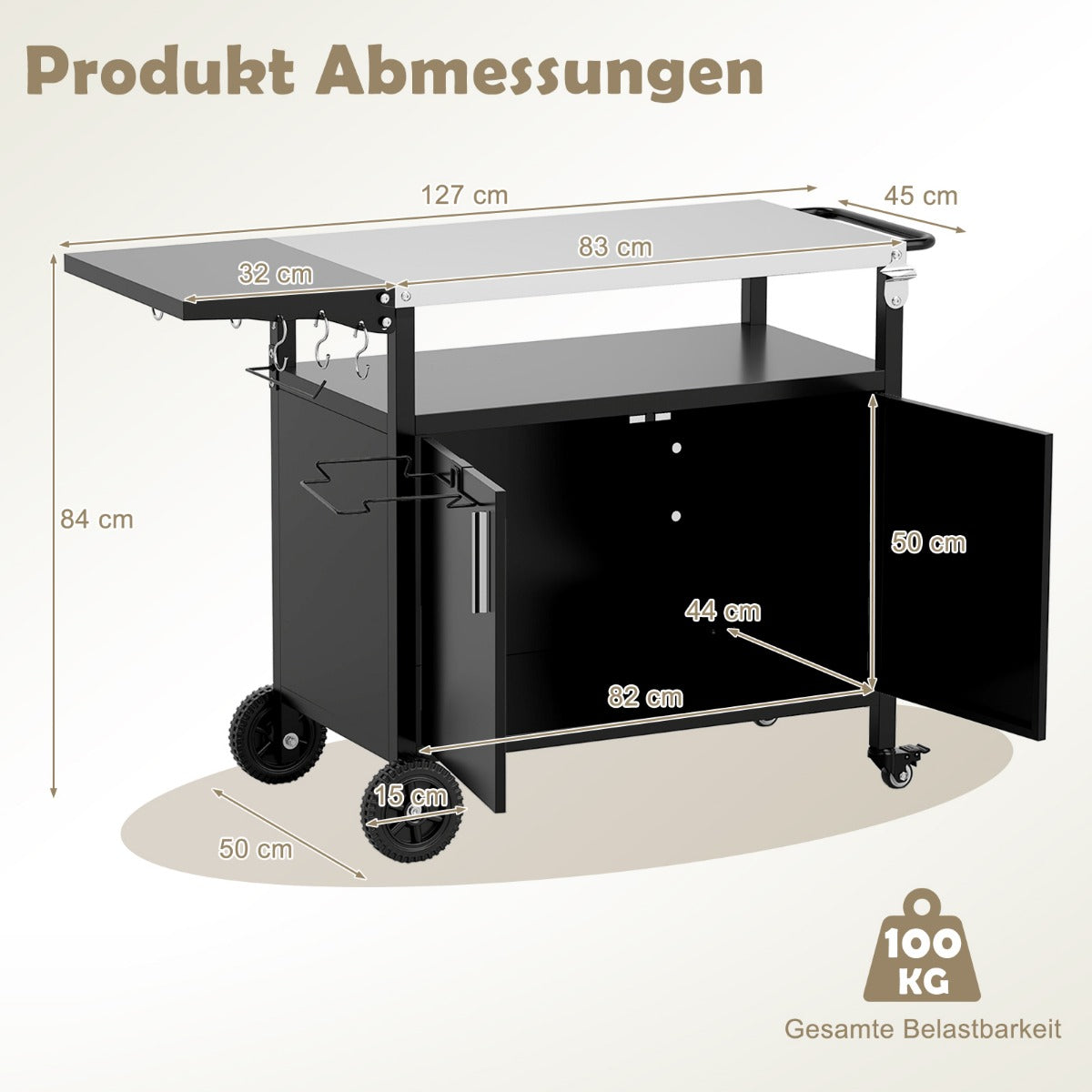 Utomhusgrillvagn – med rostfri plåt och fällbart sidobord skåp grillbord – Svart