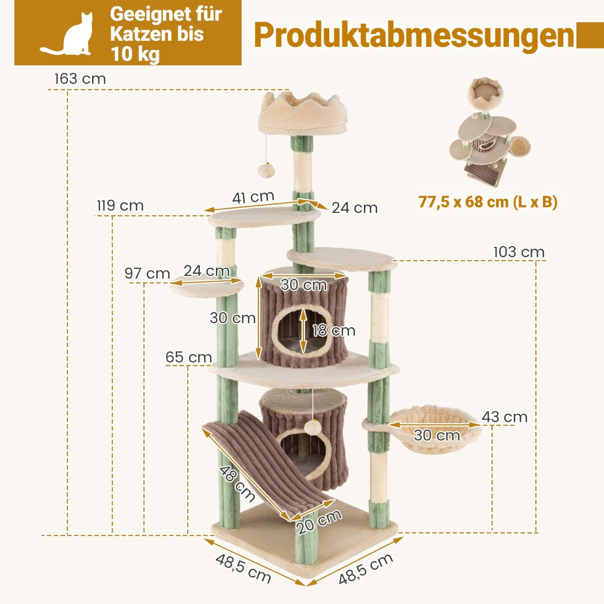 Stor – klätterträd med kattgrottor och bas Klättringsträd – 2 – Grön