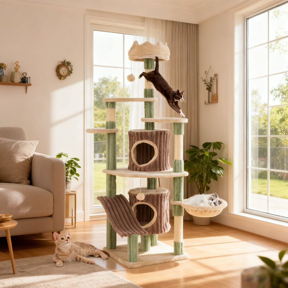 Stor – klätterträd med kattgrottor och bas Klättringsträd – 2 – Grön