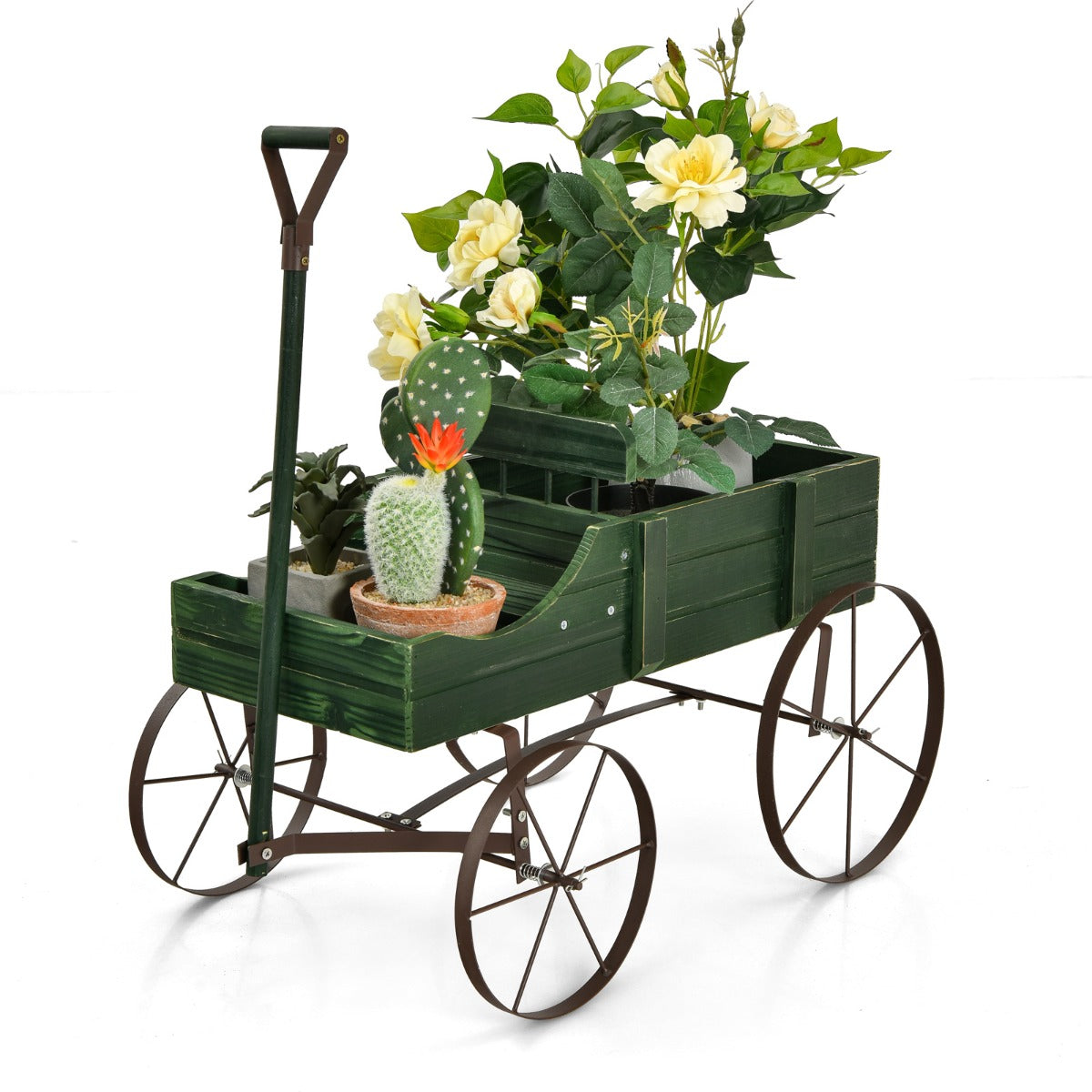 Trävagn – Blomlåda Dekorativ blomsterlåda med hjul – 62 x 34 x 60 cm – Grön