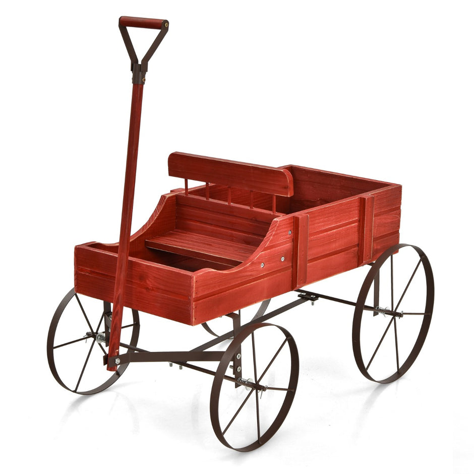 Blomsterställ – Trävagn Växtvagn Blomstervagn med Metall – 62 x 34 x 60 cm – Röd