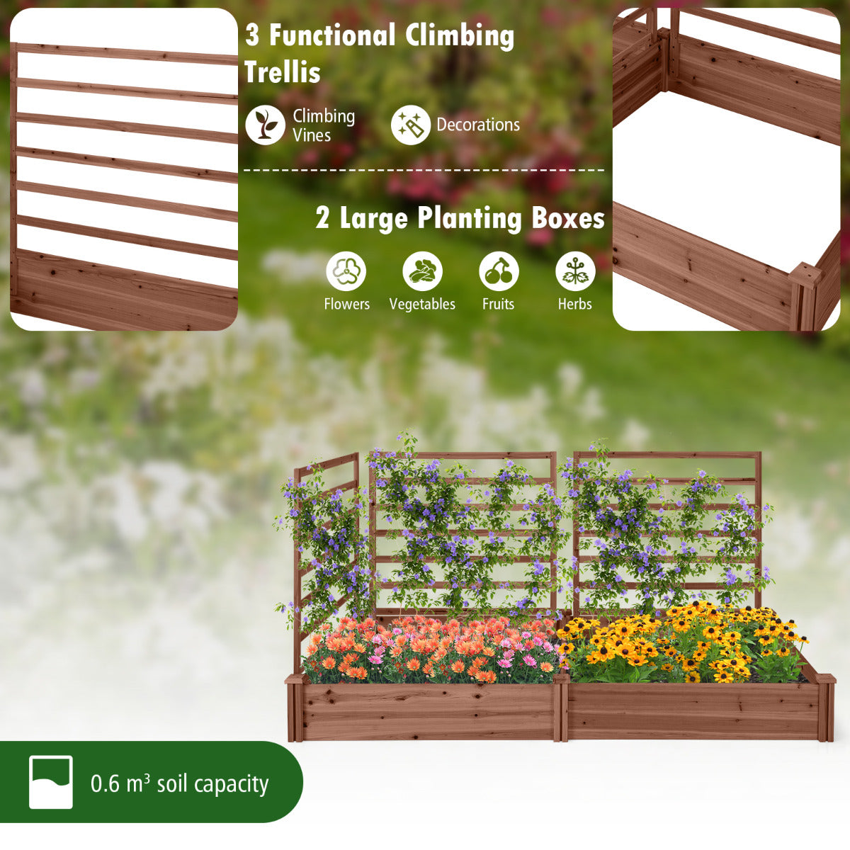 Upphöjda – odlingsbäddar med klätterställning planteringslåda i tallved planteringskärl insynsskydd – 222 x 114 x 110 cm – Brun