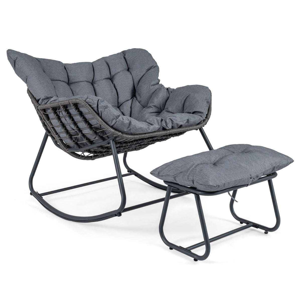 Schaukelstuhl – med Pall Gungfåtölj PE Rattan och Metallram ergonomisk Relaxfåtölj – Grå