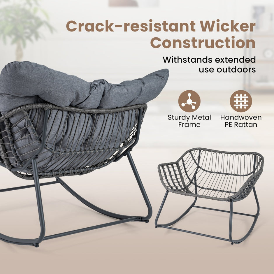 Schaukelstuhl – med Pall Gungfåtölj PE Rattan och Metallram ergonomisk Relaxfåtölj – Grå