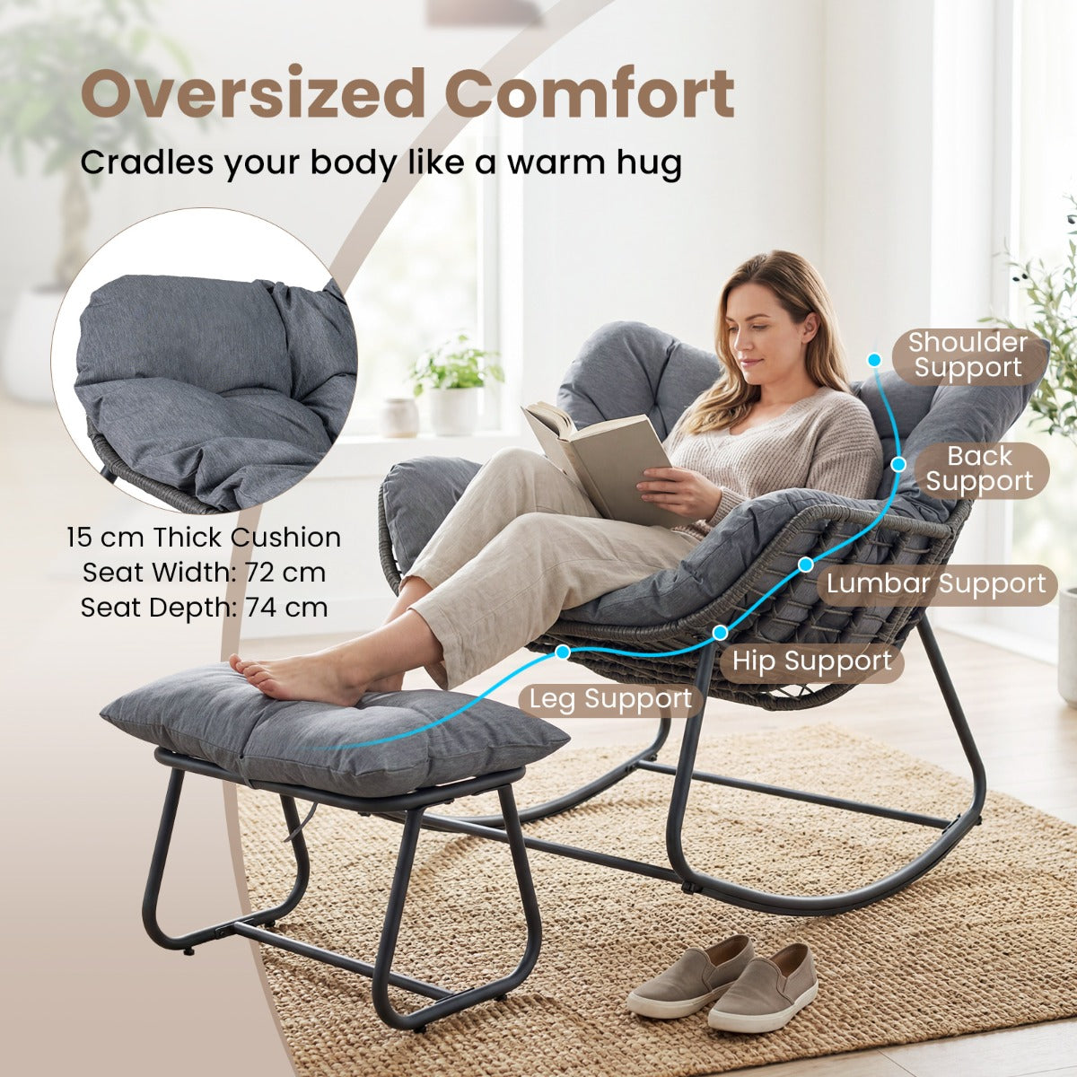 Schaukelstuhl – med Pall Gungfåtölj PE Rattan och Metallram ergonomisk Relaxfåtölj – Grå