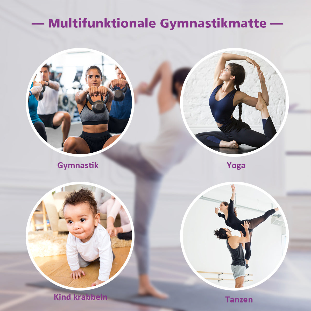 Hopfällbar – gymnastikmatta sportmatta fitnessmatta – 240 x 116 x 5 cm – Lila