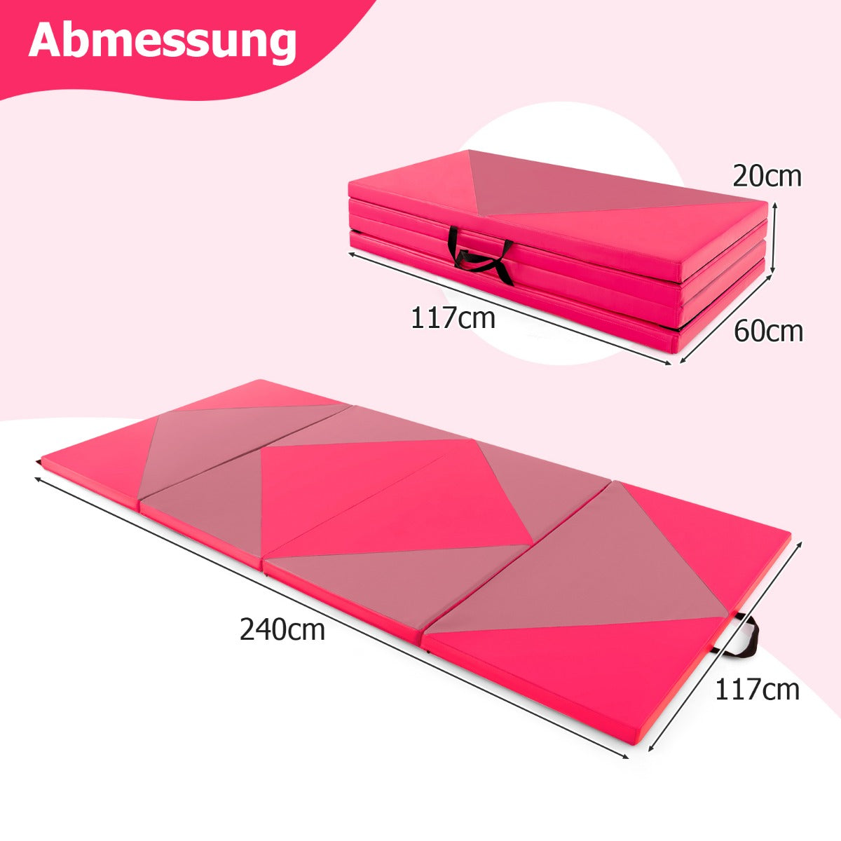 Vikbar – mjuk golvmatta Bärbar Gymnastikmatta Yogamatta – 240 x 117 x 5 cm – Rosa