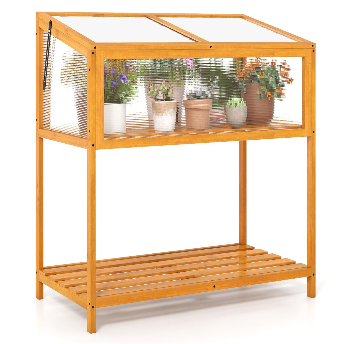 Högbädd – i trä med tidigväxthusöverdrag genomskinligt och uppfällbart tak – 90 x 50,5 x 105 cm – Orange