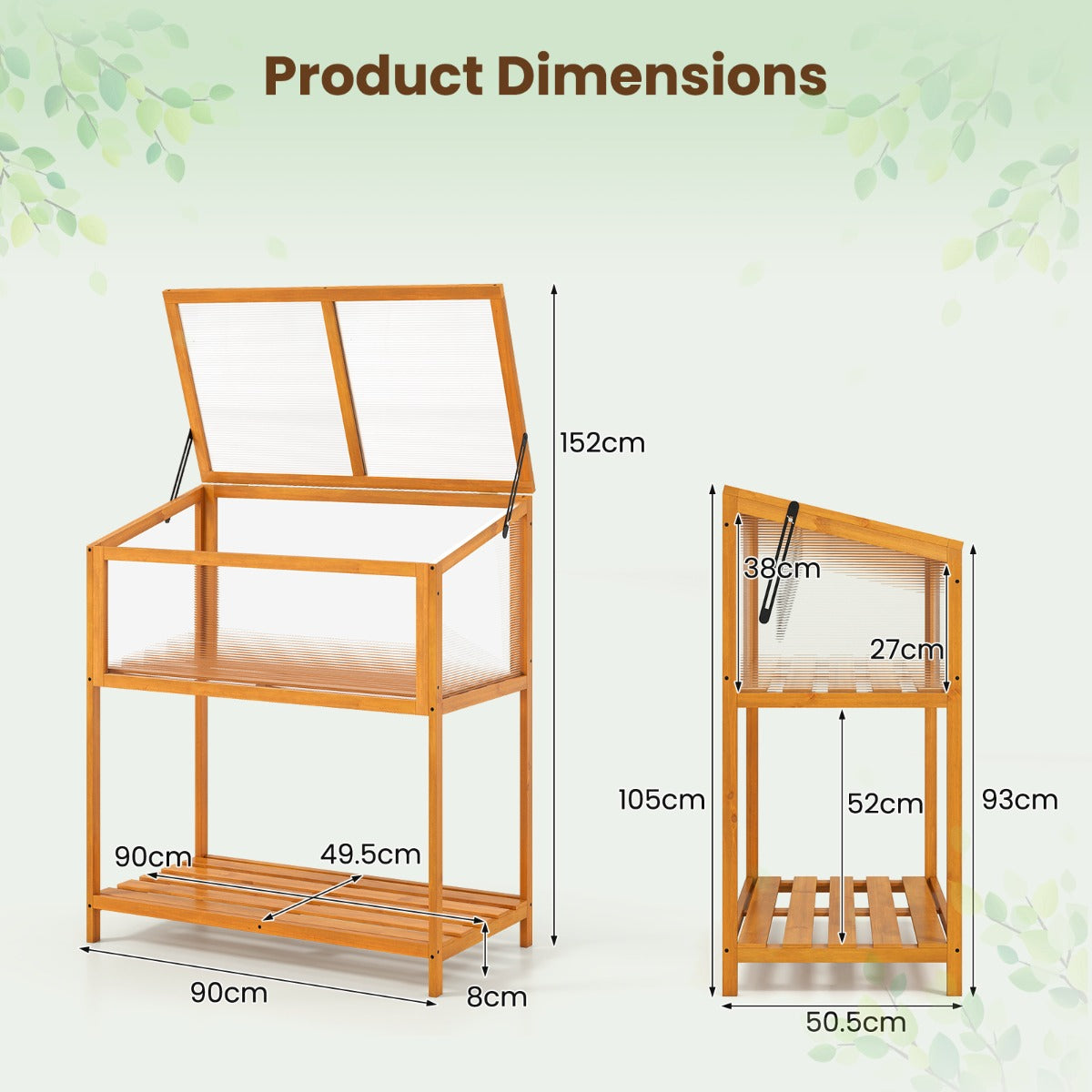 Högbädd – i trä med tidigväxthusöverdrag genomskinligt och uppfällbart tak – 90 x 50,5 x 105 cm – Orange