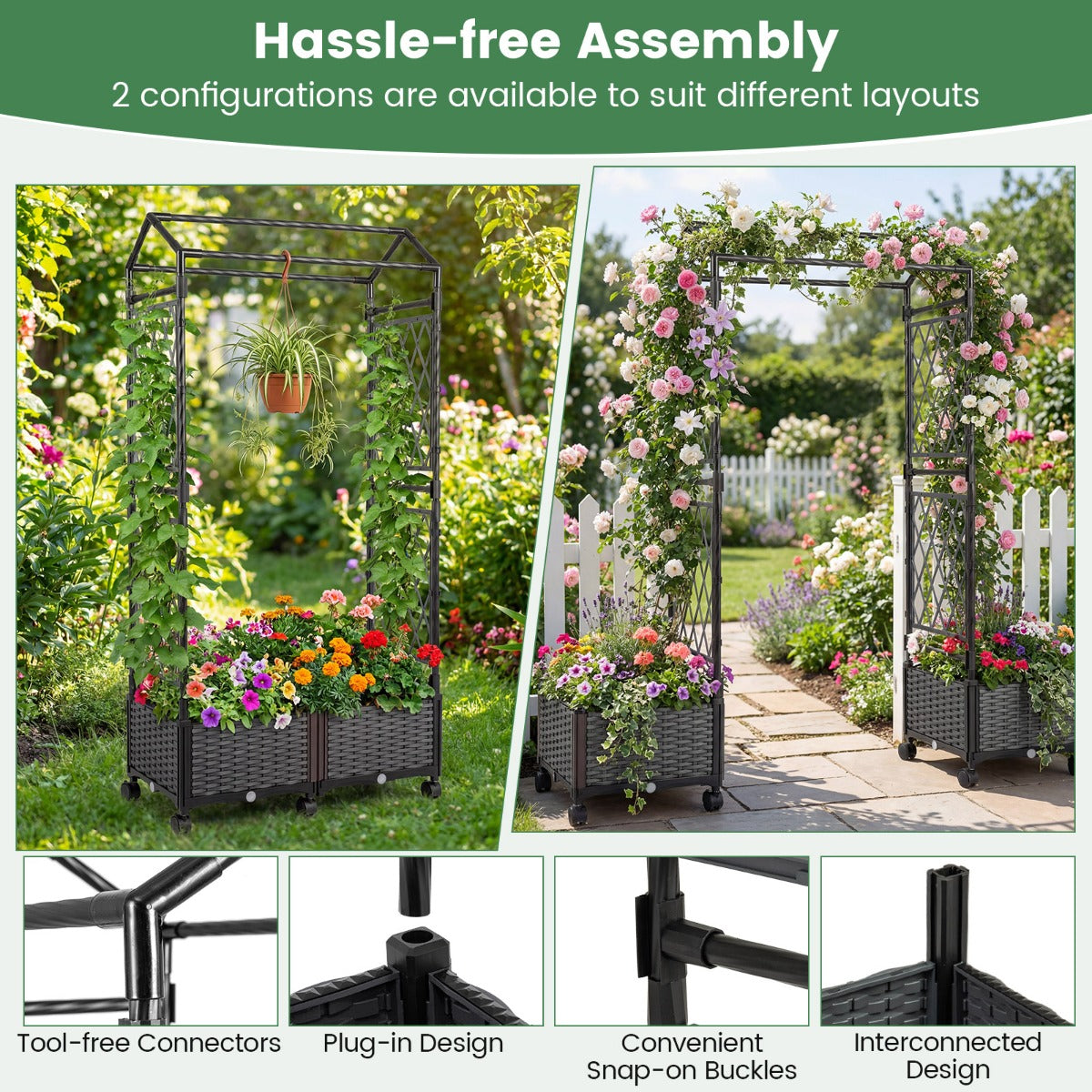 Blomlåda – med klätterstöd och hängande tak Höglätt på låsbara hjul – 154 x 40 x 162 cm – Grå
