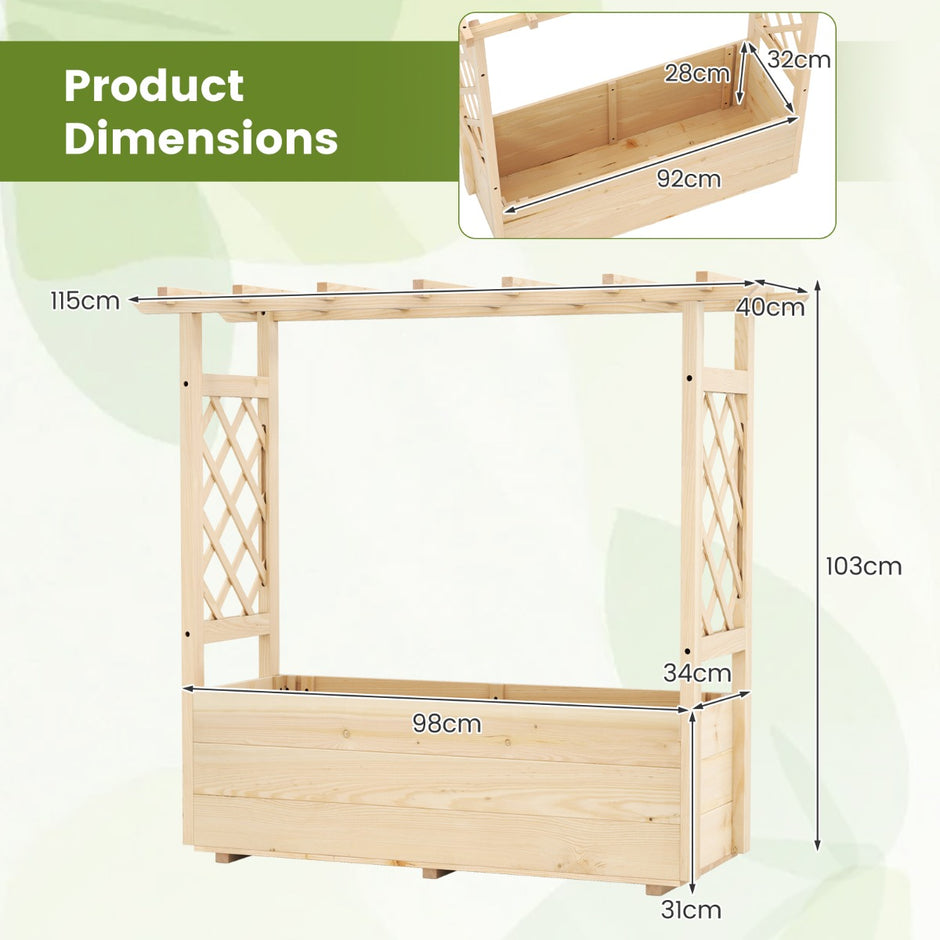 Höjdträdgård – med spaljé och hängande tak, planteringslåda stöd för klättrande växter dräneringshål, – 115 x 40 x 103 cm – Natur