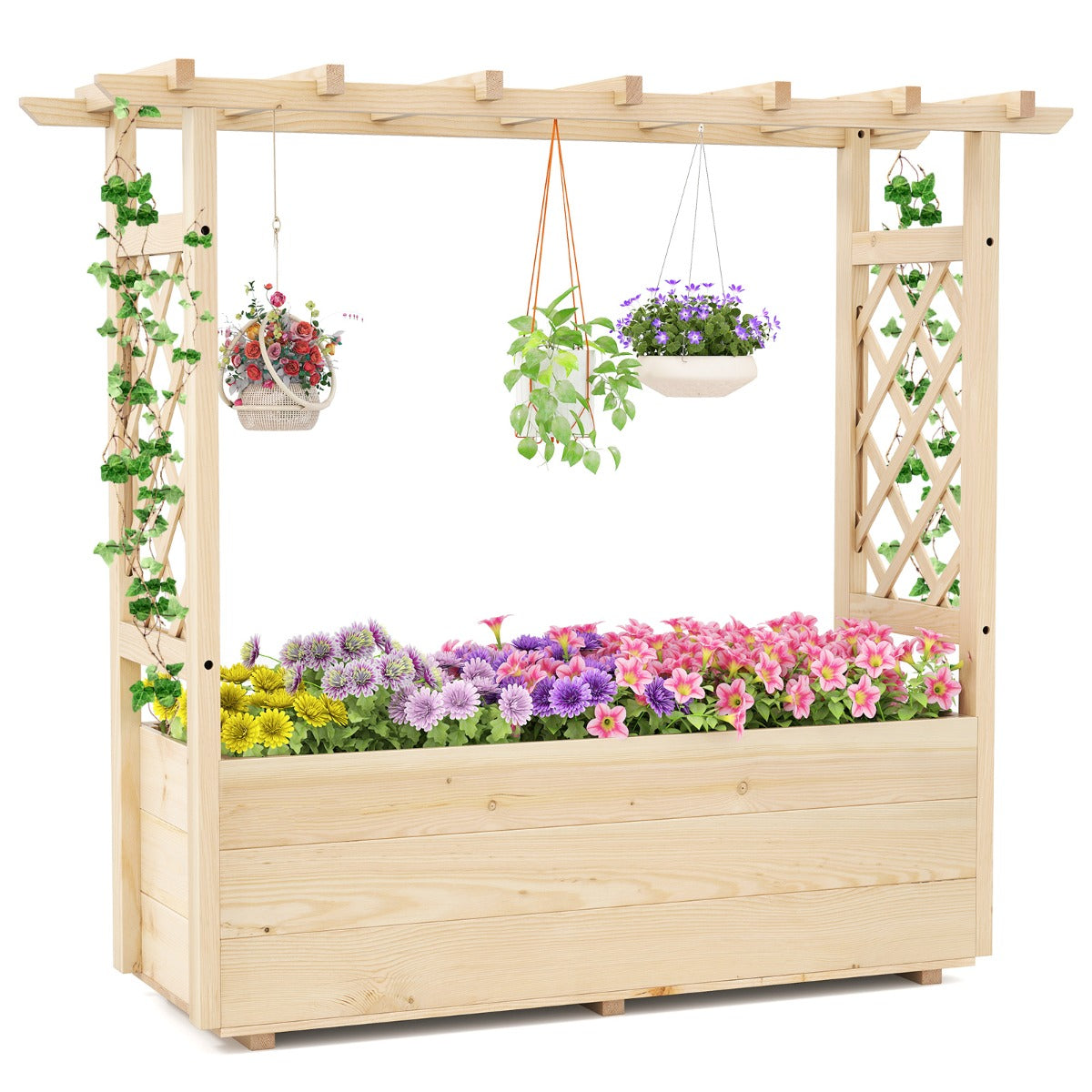 Höjdträdgård – med spaljé och hängande tak, planteringslåda stöd för klättrande växter dräneringshål, – 115 x 40 x 103 cm – Natur