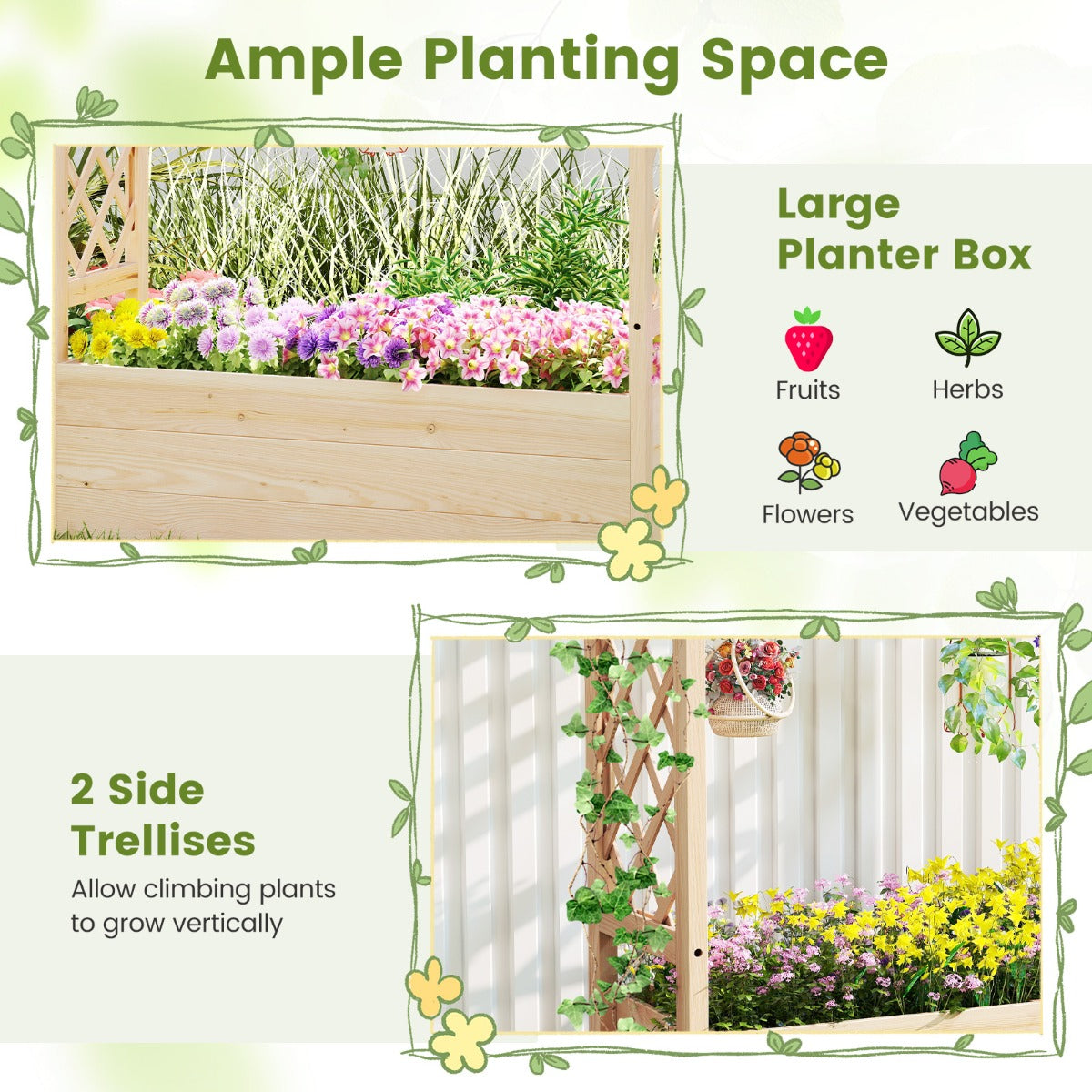 Höjdträdgård – med spaljé och hängande tak, planteringslåda stöd för klättrande växter dräneringshål, – 115 x 40 x 103 cm – Natur