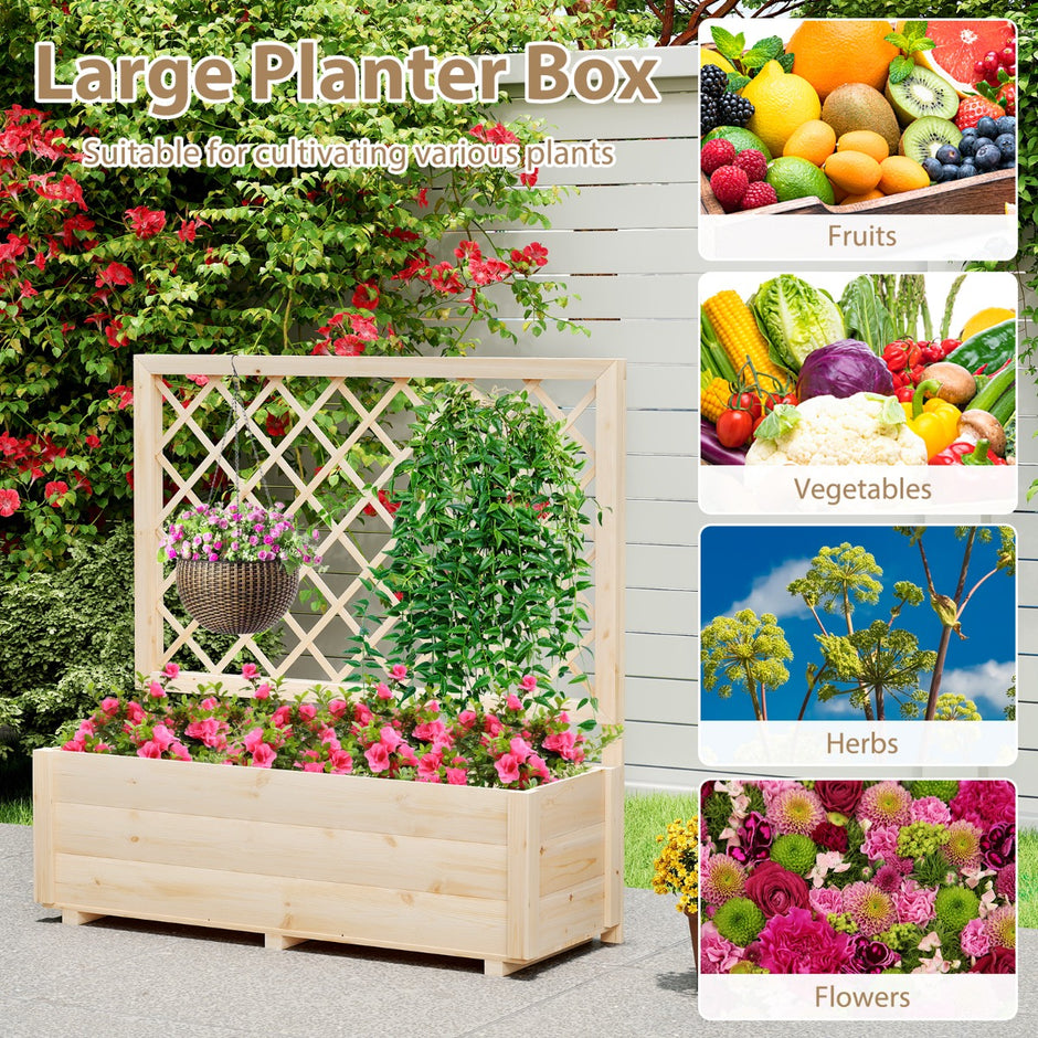 Blomlåda – med spaljé, högbädd och dräneringshål, – 98 x 35 x 101 cm – Natur