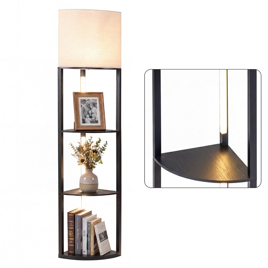 Hörn – golvlampa med Hyllor stegs displayhylla dimmbara LED lampor – 3 – Svart