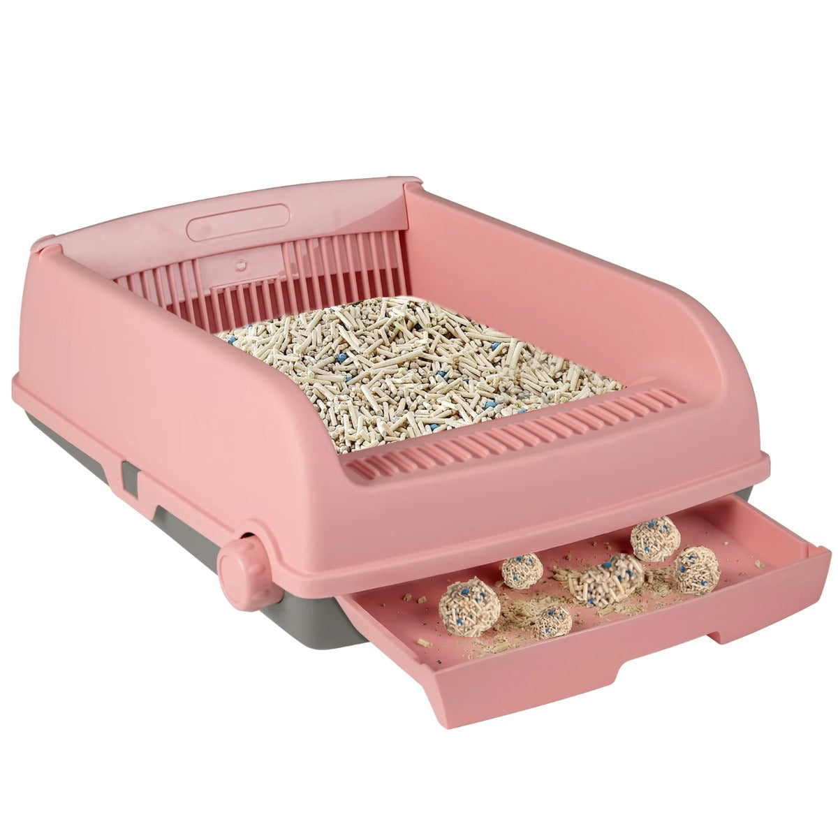 Halvautomatisk – kattlåda med öppet lock, stänkskyddad katttoalett – Rosa