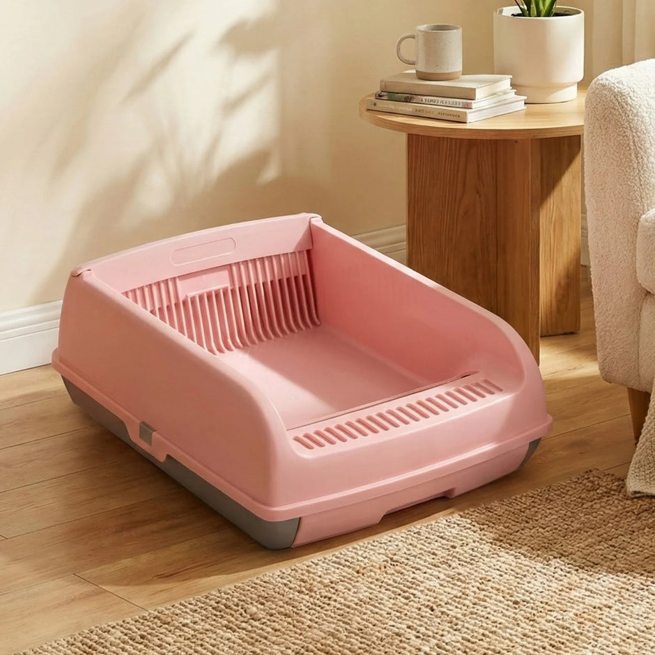 Halvautomatisk – kattlåda med öppet lock, stänkskyddad katttoalett – Rosa