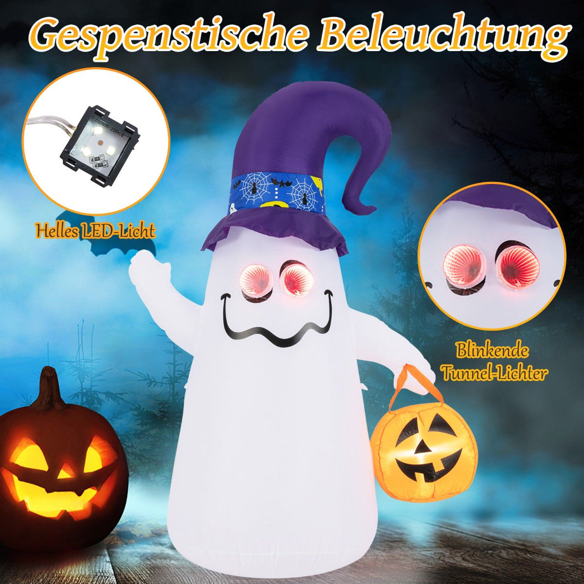 LED uppblåsbar – Halloween spöke med pumpa utomhus skrämmande dekoration – 180 cm – Vit