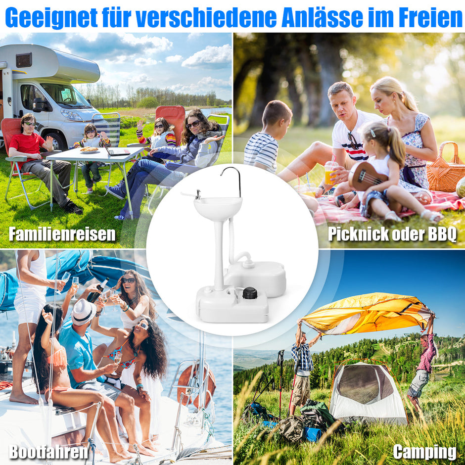 Bärbar – campingdisk med 17L vattentank och hjul handduksställ fotpump – Vit