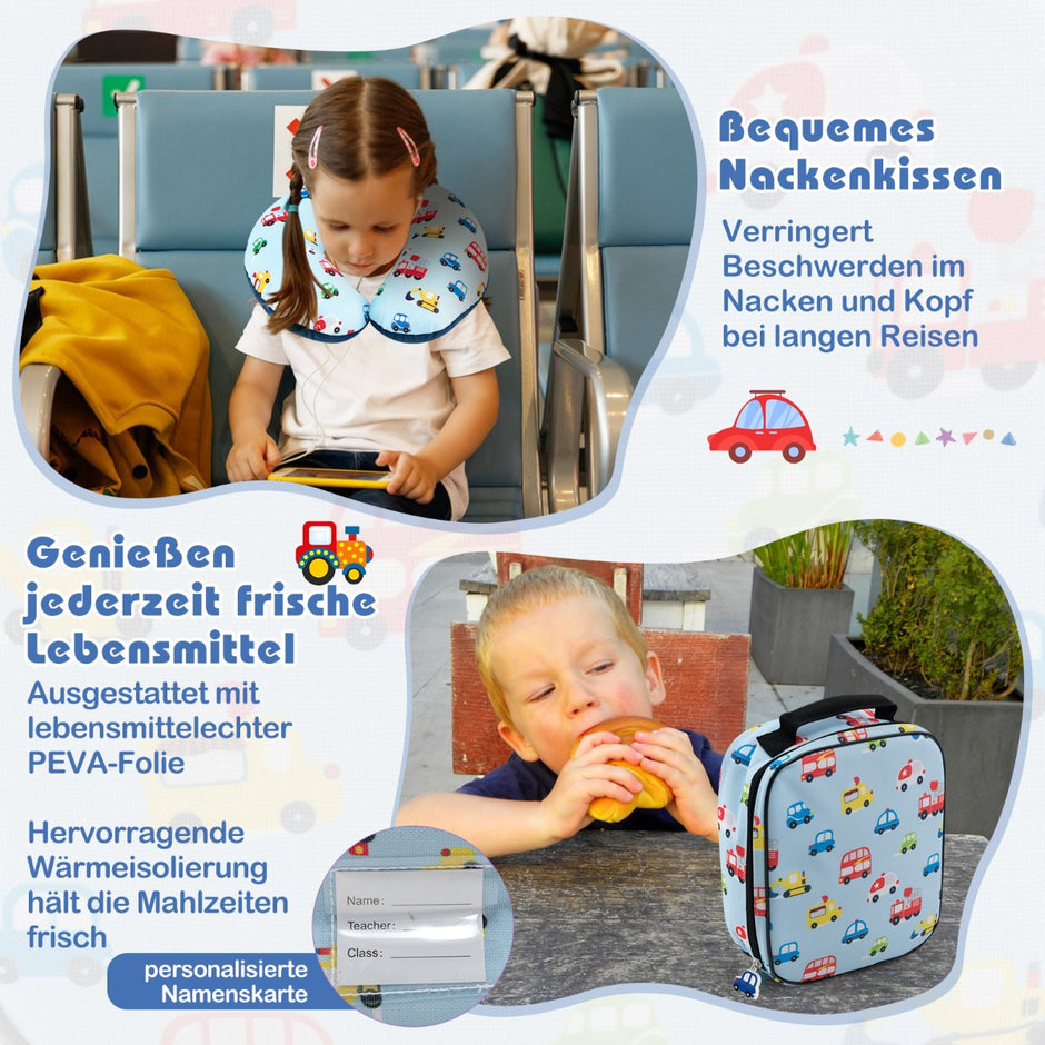 delat – set Barnbagageset tums rullande resväska med ryggsäck och nackkudde bagagelapp lunchlåda – 5 16 – Blå