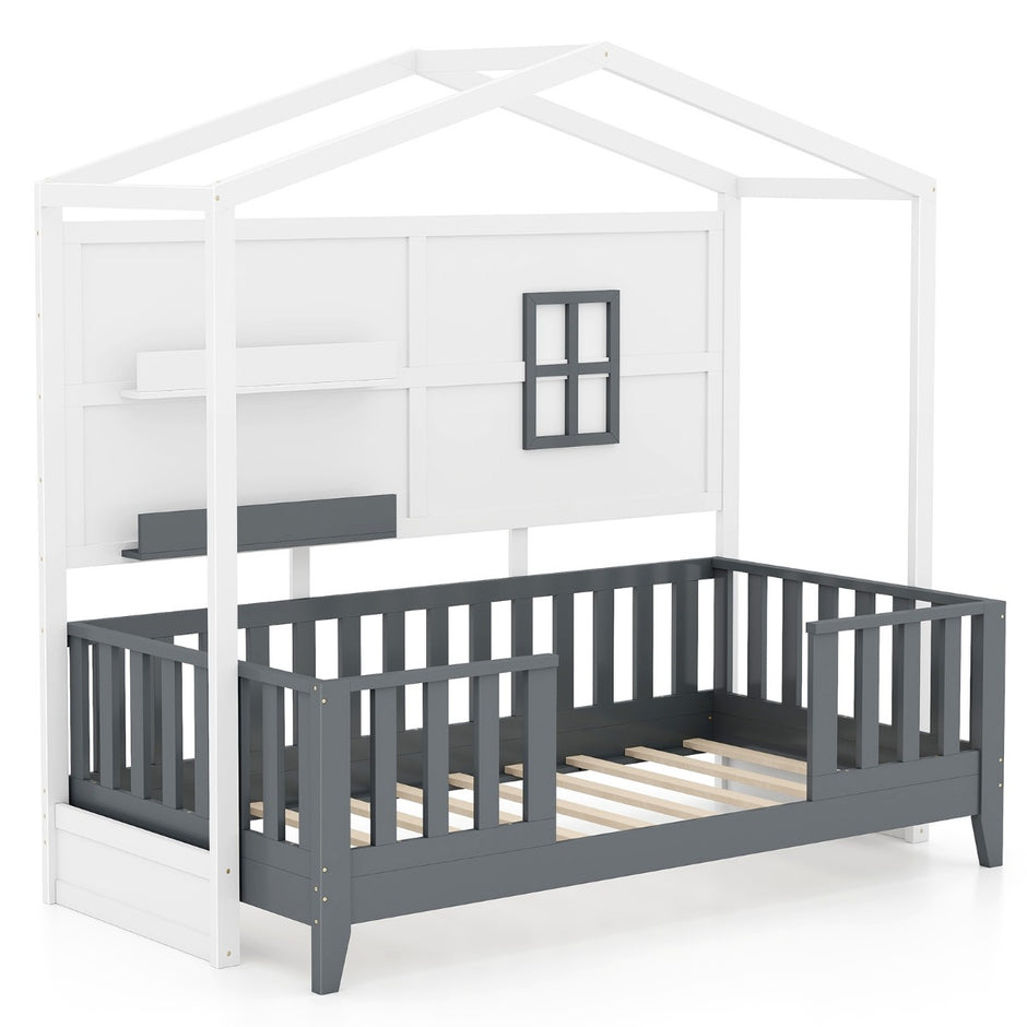 Hussäng – Barnsäng med fallskydd och hyllplan Träsäng i husform fönster + – 90 x 200 cm 2 – Grå och vit