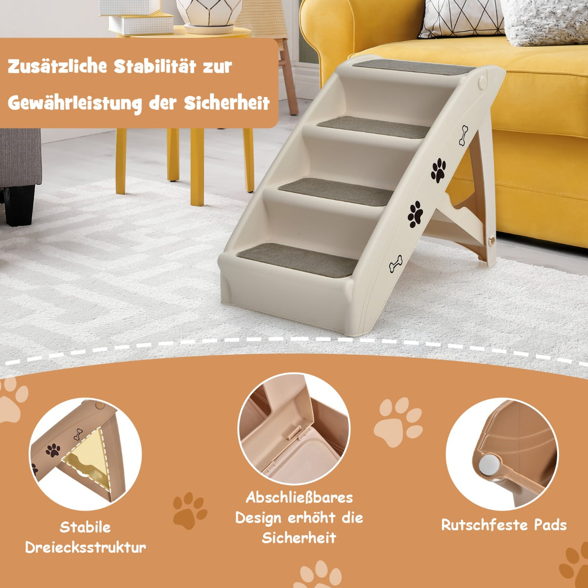 Husdjurstrappa – med trappsteg bärbar klätterstege Säker hundramp – 4 62,5 x 38 x 49 cm – Brun