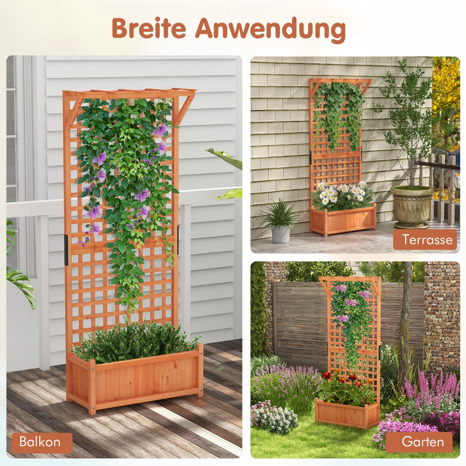 Blomlåda – med spaljé och tak dräneringshål kruka – 75 x 33 x 181 cm – Natur