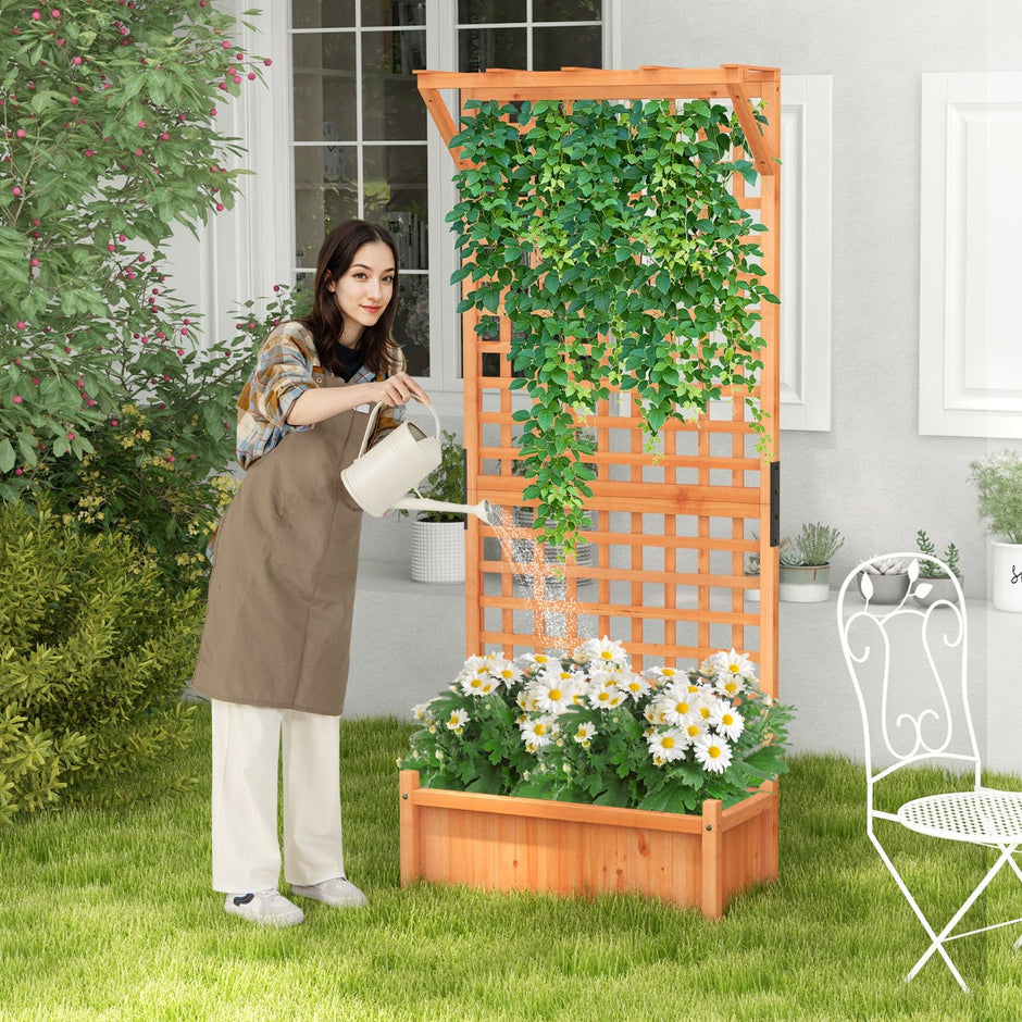 Blomlåda – med spaljé och tak dräneringshål kruka – 75 x 33 x 181 cm – Natur
