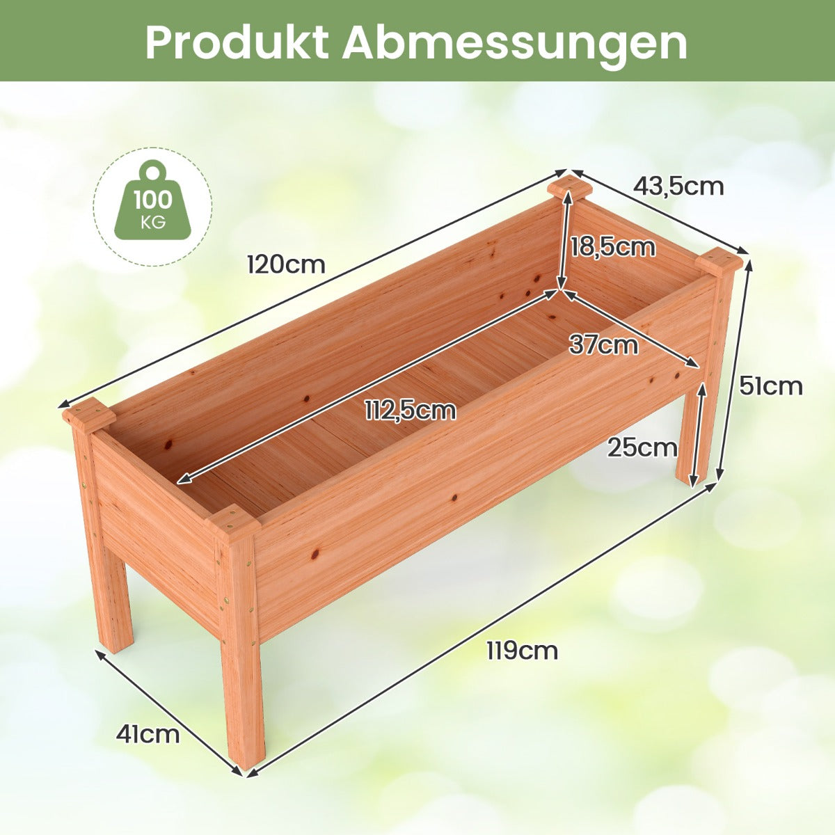 Upphöjd – odlingsbädd i trä för barn Odlingskorg med en belastningskapacitet på upp till – 120 x 43,5 x 51 cm 100 kg – Orange