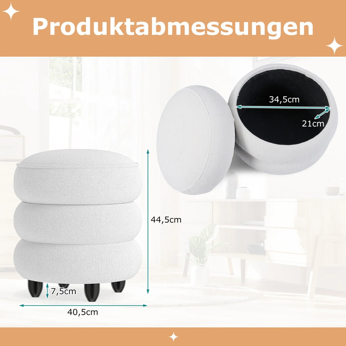 Pall – med förvaringsutrymme Chenille avtagbart lock – 40,5 x 44,5 cm – Vit