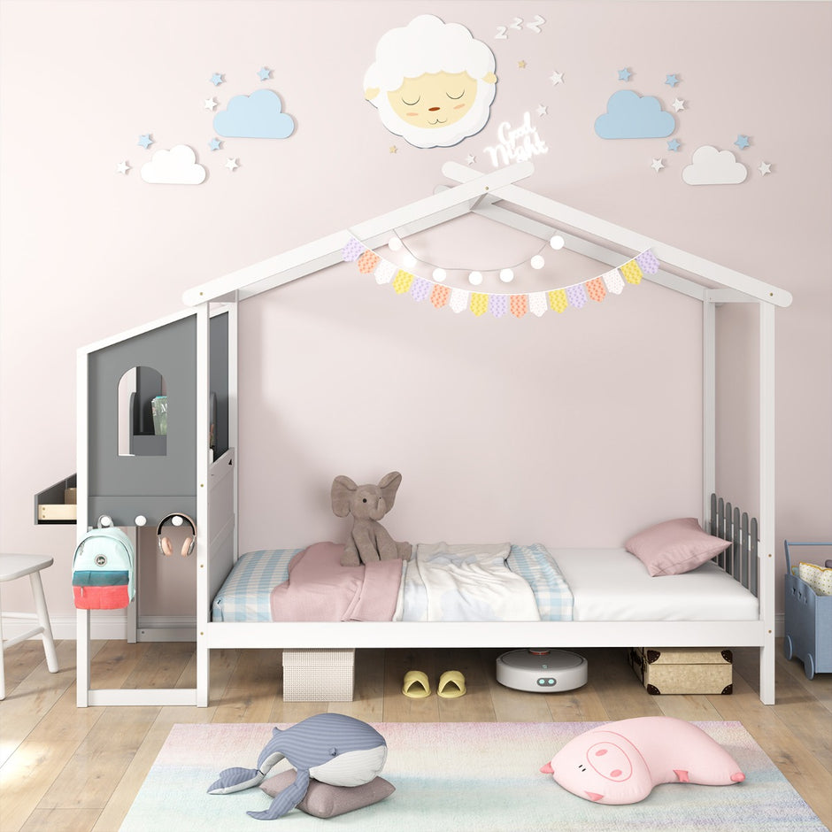 Hussäng – med skrivbord och lådor krokar barnsäng lamellram – 90 x 200 cm – Natur