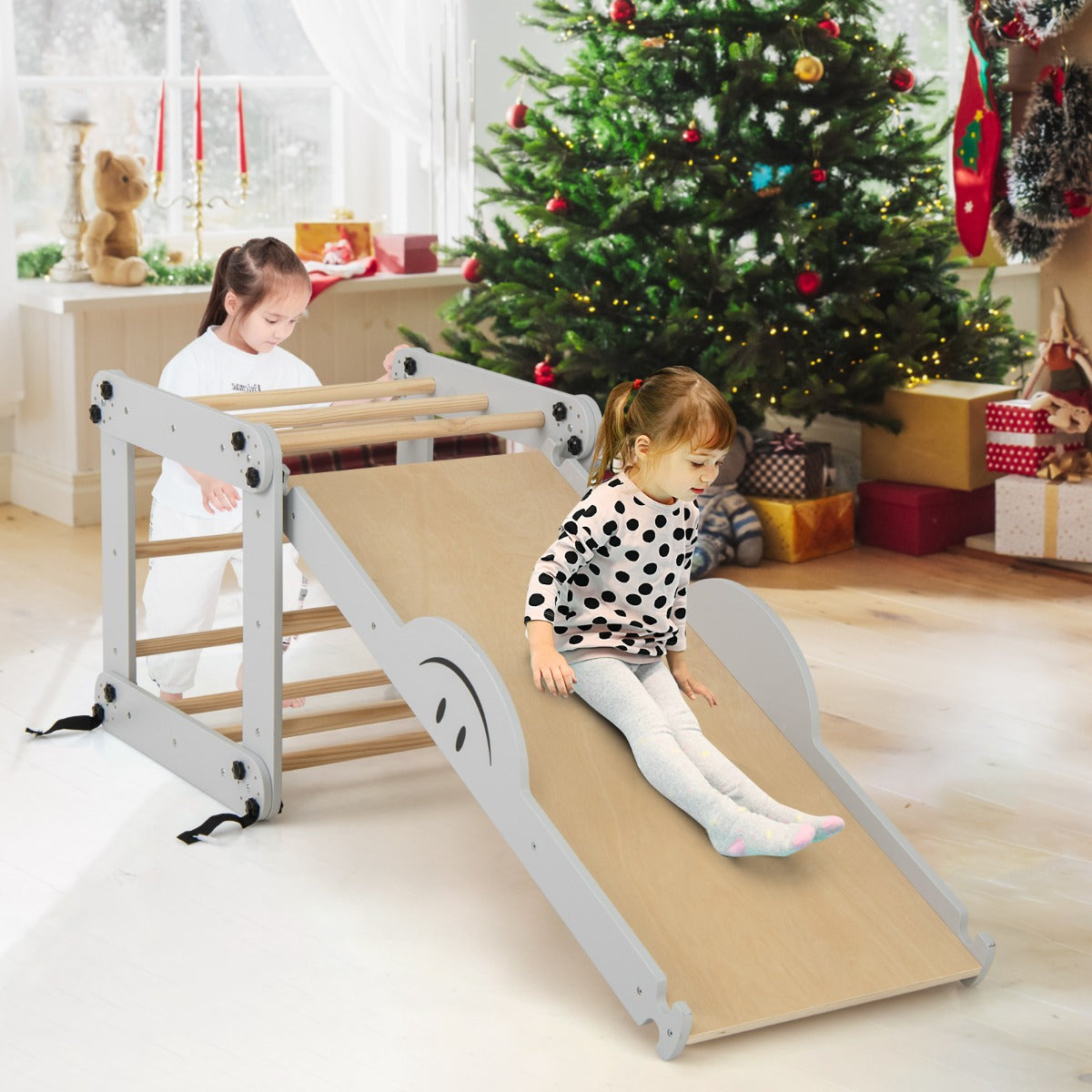 Vikbara – träklättrarleksaker med justerbar och vändbar Montessori klättringsset – Grå