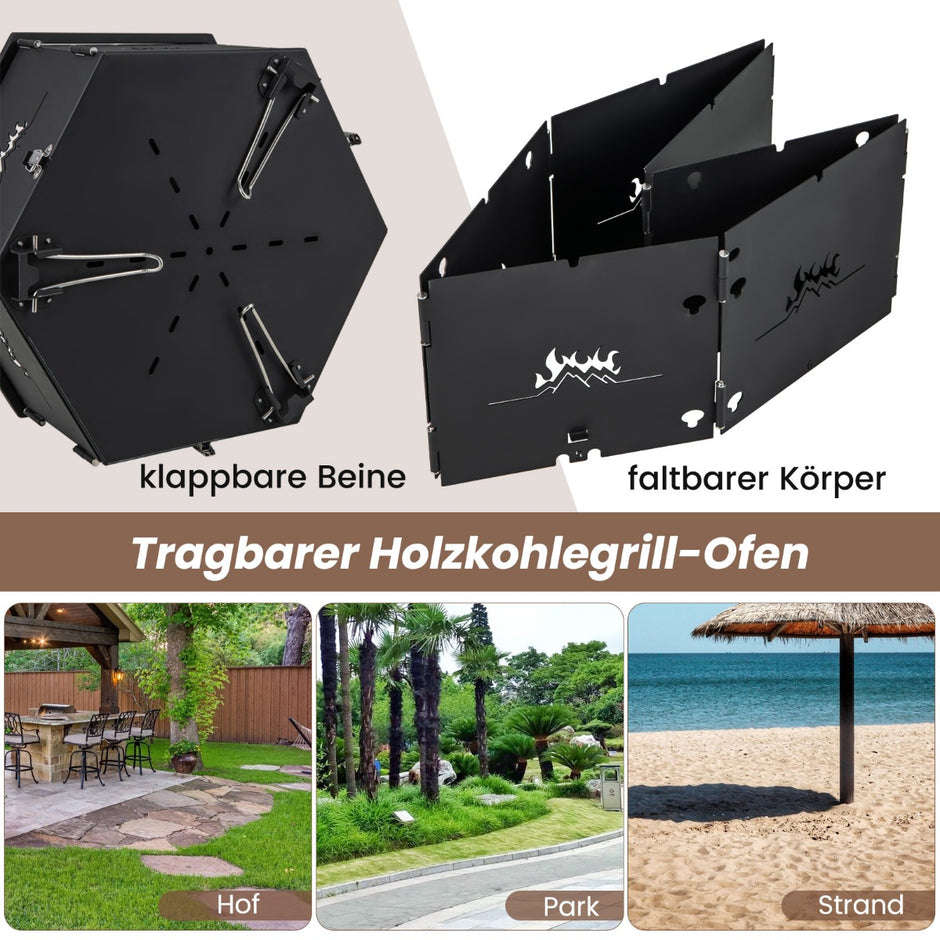Stor – kolgrill med 360° roterande i eldskål – 2 1 77 x 74 x 38 cm – Svart