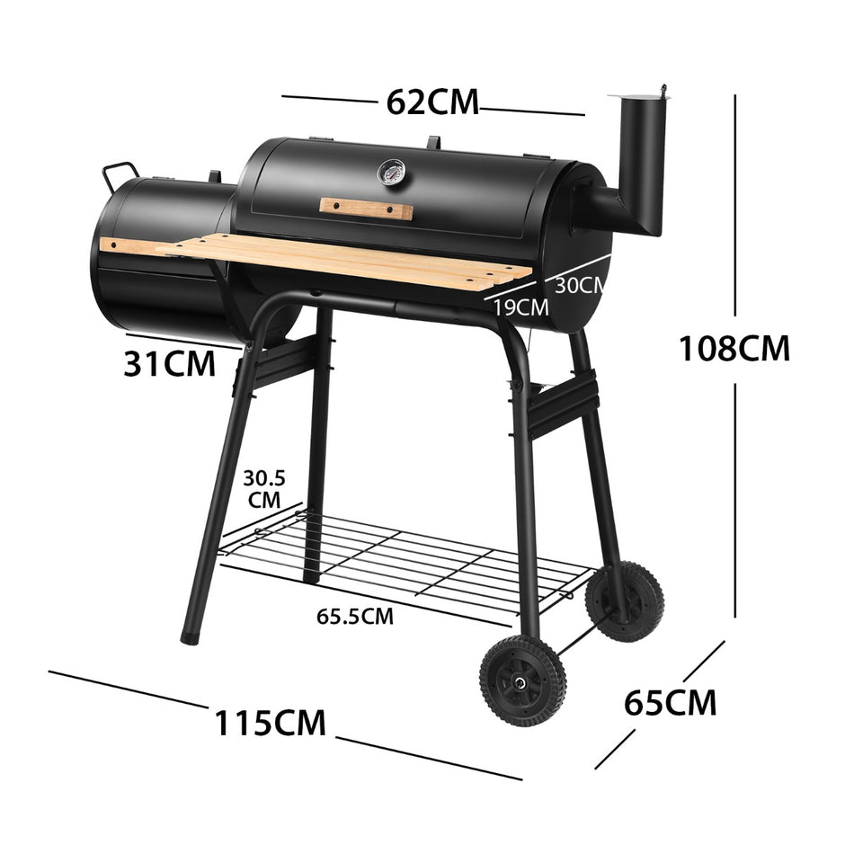 BBQ Kolgrill – med hjul Grillvagn lock Utegrill – 115 x 65 x 108 cm – Svart