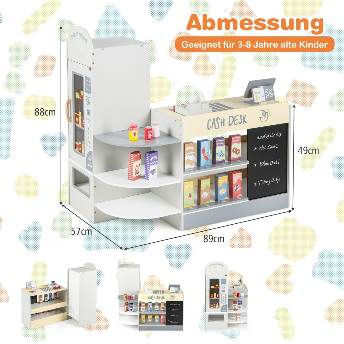 Stormarknadslekset – för barn med kassaapparat och kassaautomat varuautomat svart tavla – Grå