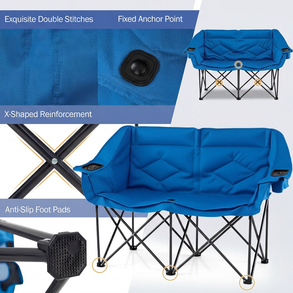 XXL campingsoffa – för personer, hopfällbar campingstol med dryckeshållare och nätfickor i – 2 – Marinblå