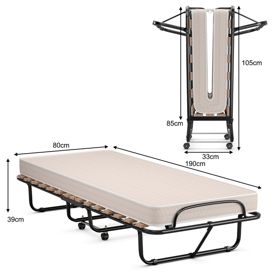 Bärbar – gästsäng på hjul med memory foam madrass Ljus tillverkad i Italien Ursprung: – 80 x 190 x 33 cm – Beige