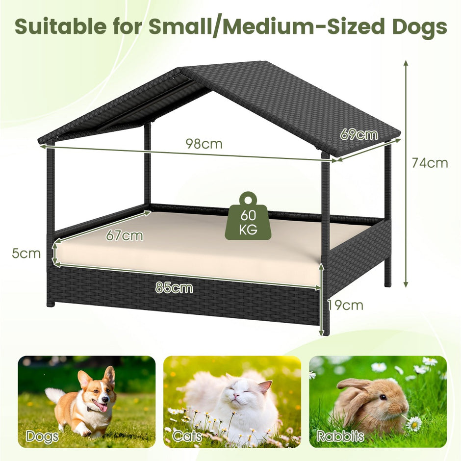 Korg – hundhydda med baldakin, upphöjd rattan soffa för små och medelstora hundar upp till kg, – 60 . – Beige