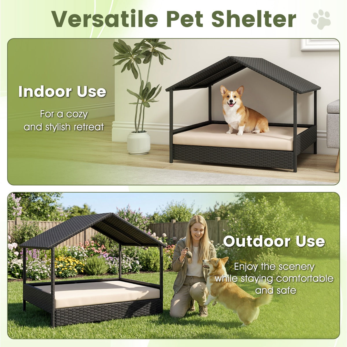 Korg – hundhydda med baldakin, upphöjd rattan soffa för små och medelstora hundar upp till kg, – 60 . – Beige