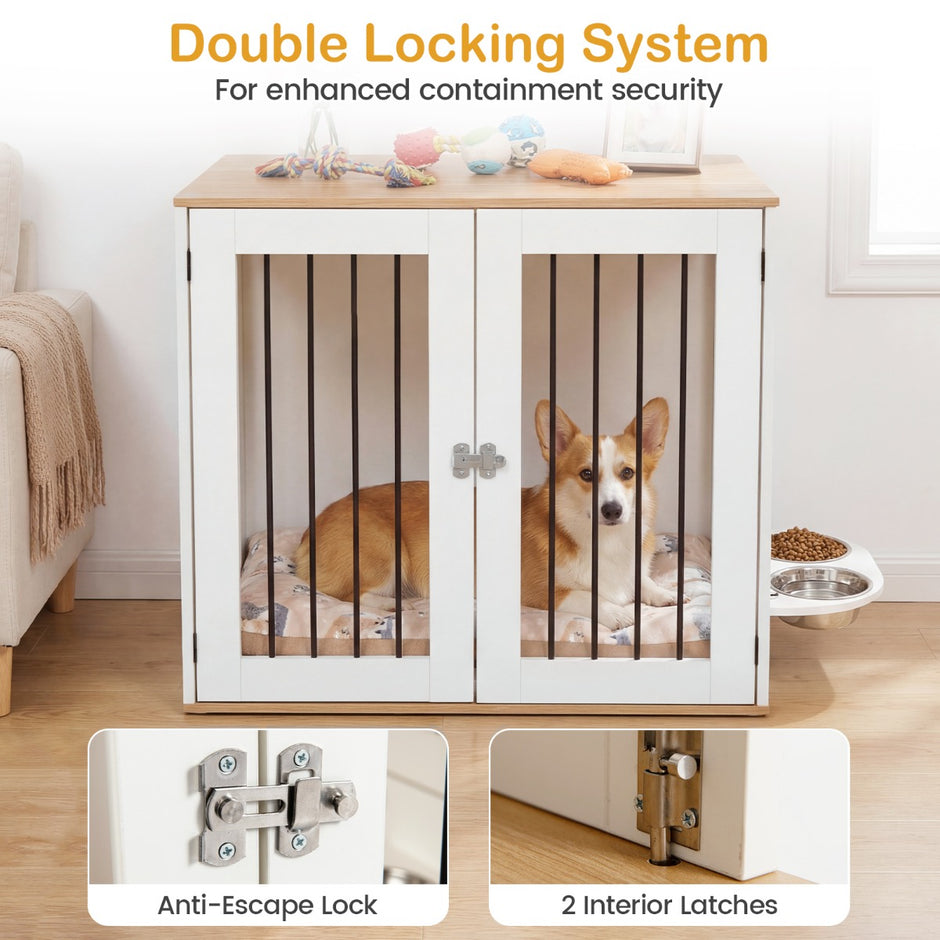 Hundbox – med 360° roterande matskålar och låsbar dörr hundbur sidobord – Vit