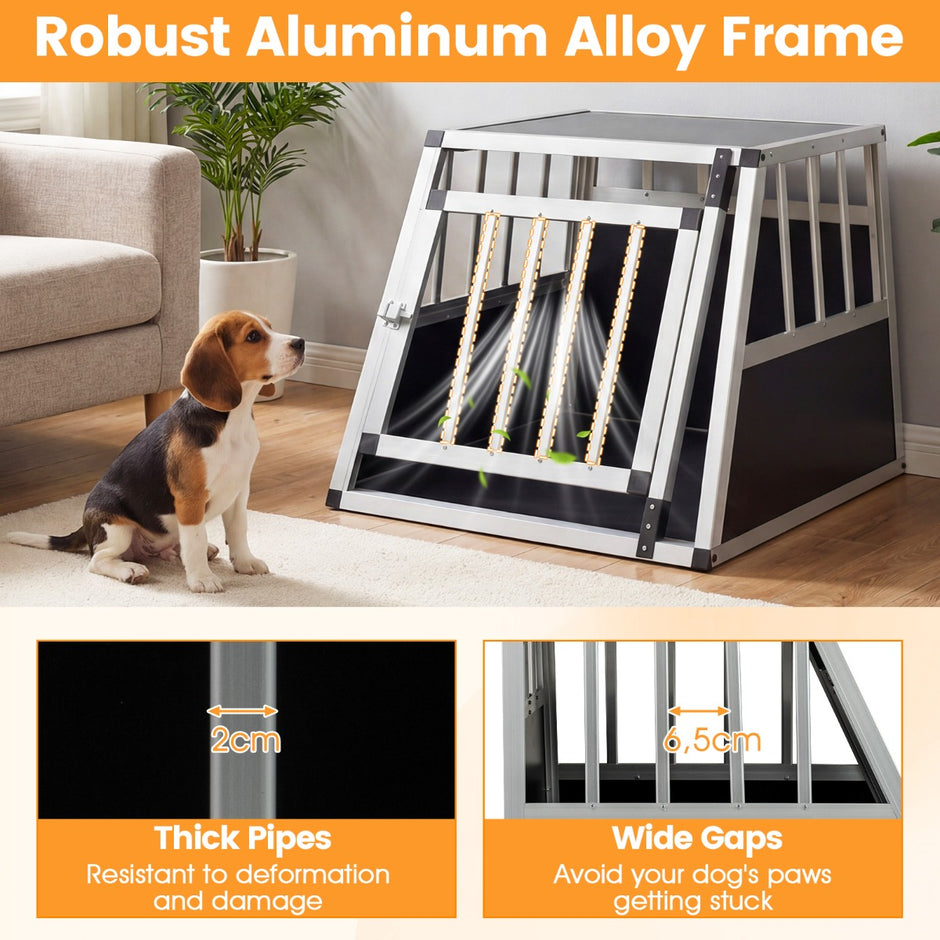 Hundtransportlåda – Med Låsbart Dörr Och Avtagbar Skiljevägg Aluminium Hundbur – 69,5 x 54 x 50,5 cm – Svart och silver