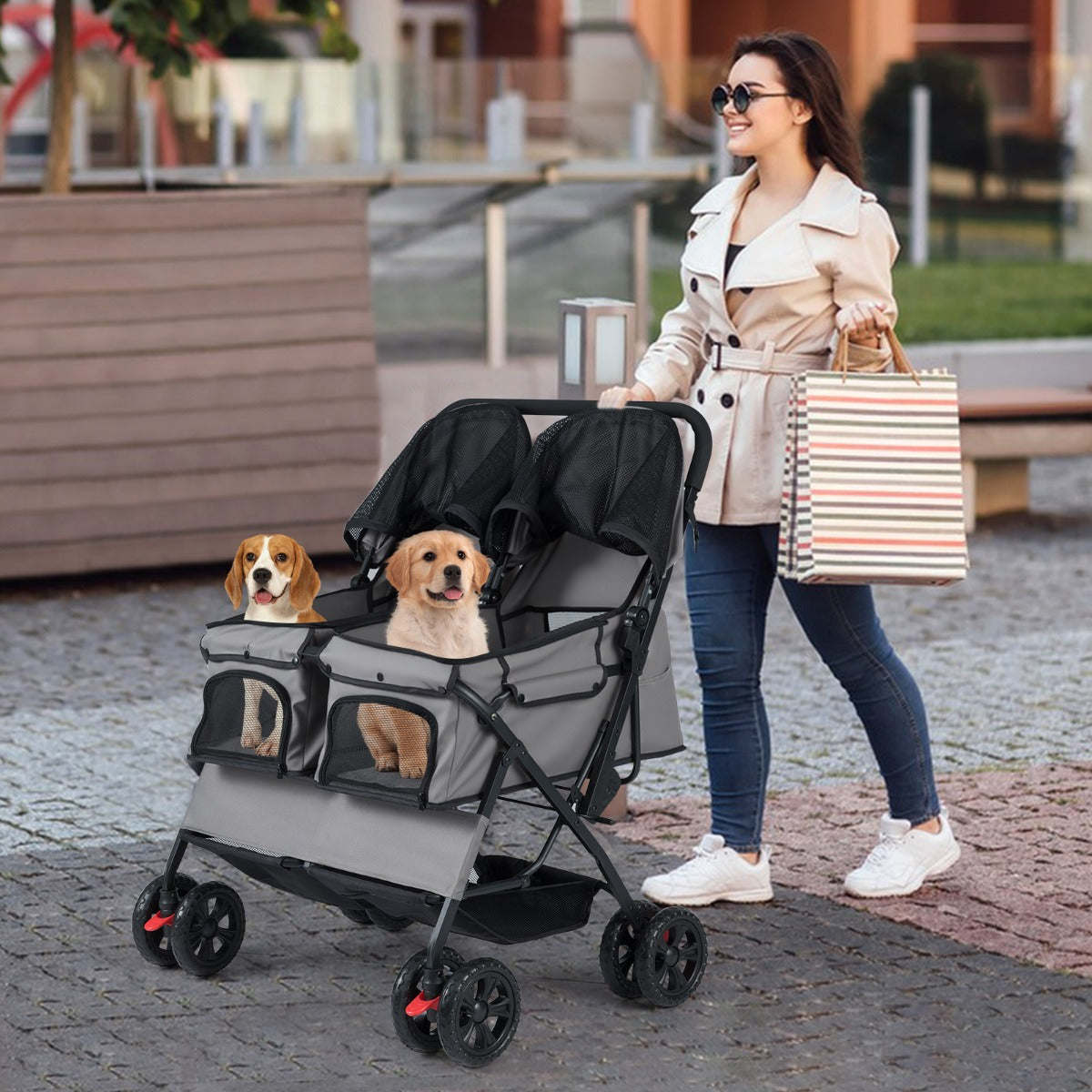 Dubbel – hundvagn med sitsig bärväska och justerbart solskydd Kattvagn – 2 – Grå
