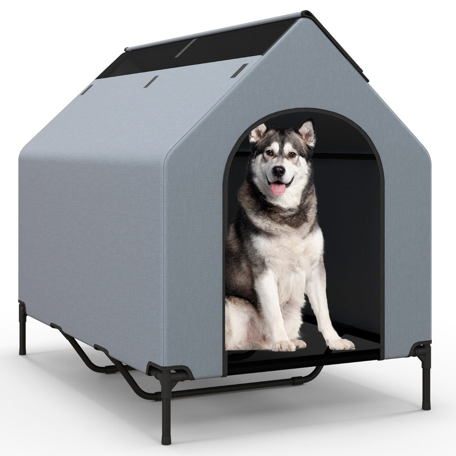 i – hundkennel och upphöjd hundsäng Hundstol utomhus husdjurshus med andningsbart nättyg grått – 2 1 84 x 132 x 114 cm – Grå