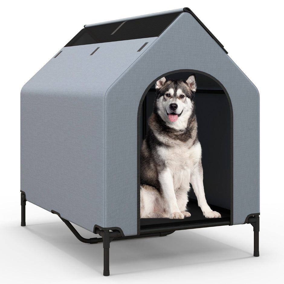 i – hundkennel och upphöjd hundsäng Hundstol utomhus husdjurshus med andningsbart nättyg grått – 2 1 75 x 110 x 106 cm – Grå