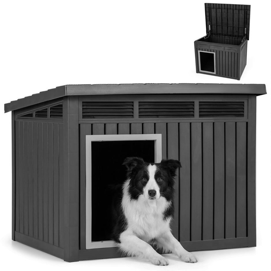 Hundkoja – för inom och utomhusbruk, väderbeständigt hundhus med uppfällbart lutande tak – Svart